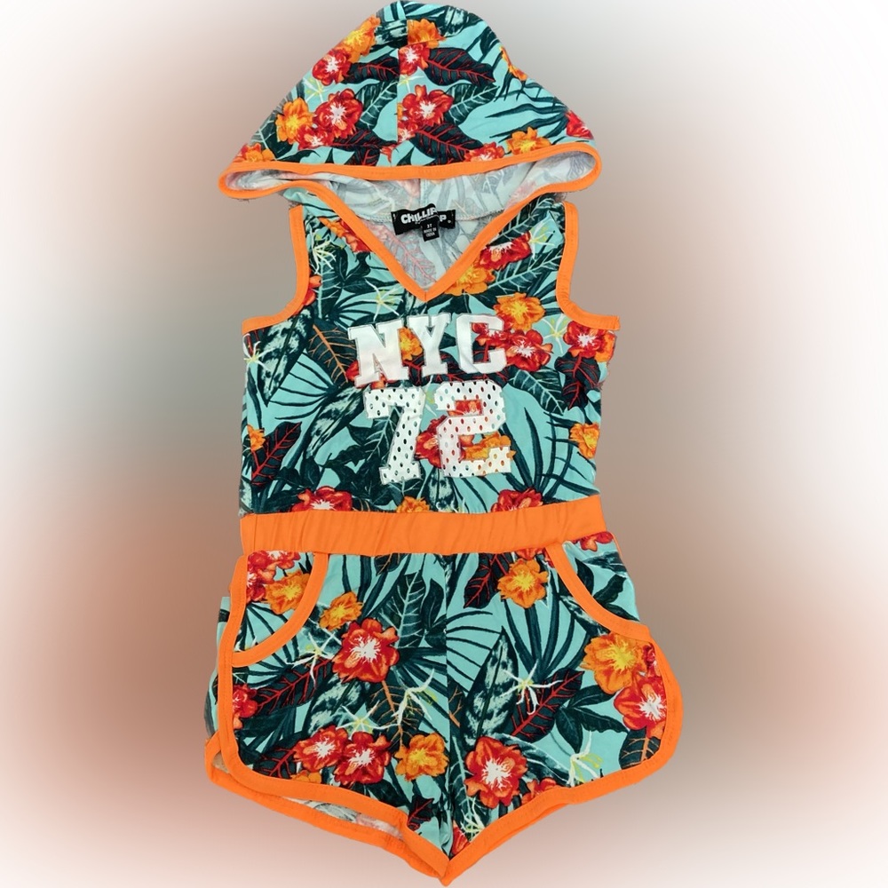 CHILIPOP Tropical Flower Hooded Sleeveless Shorts Romper Size 3T Green Orange